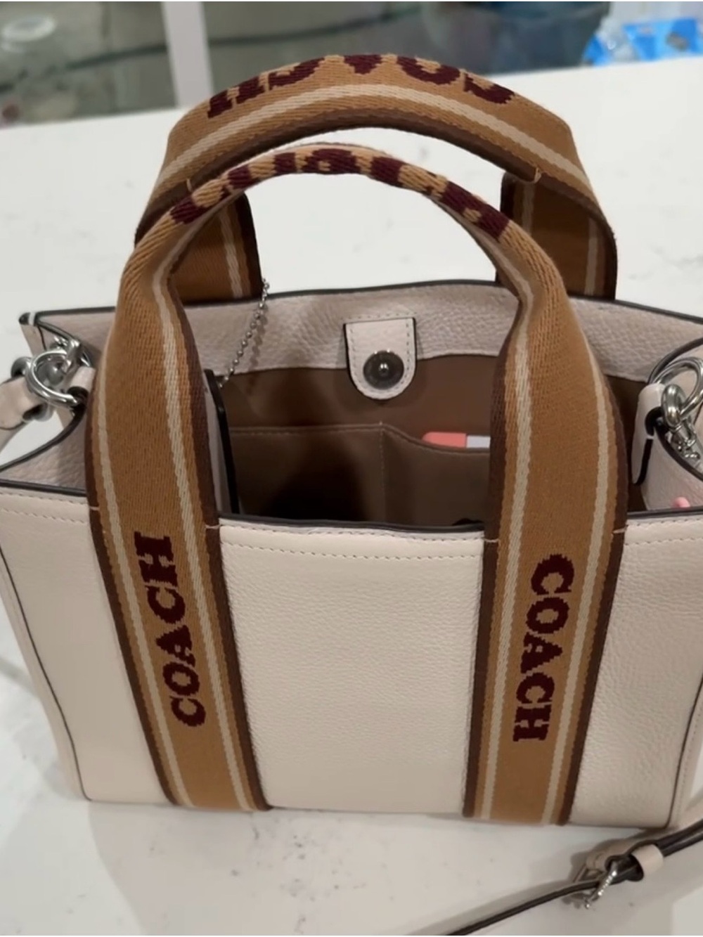 Coach Cream Tote with Tan Logo Straps and Burgundy Text - Picture 2 of 5